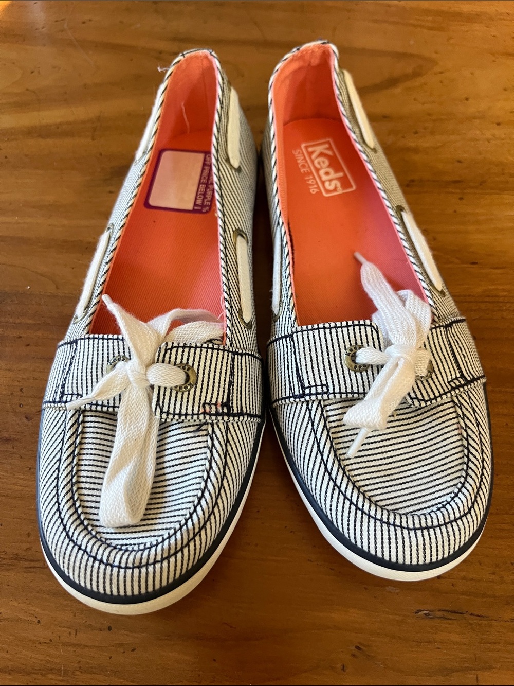 Keds Women's Striped Canvas Loafers in White and Black with Coral Insole